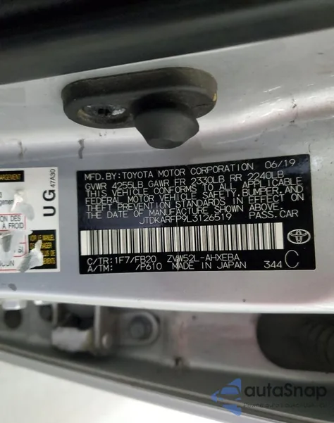 2020 Toyota Prius Prime Le z USA, uszkodzony, nr VIN JTDKARFP9L3126519